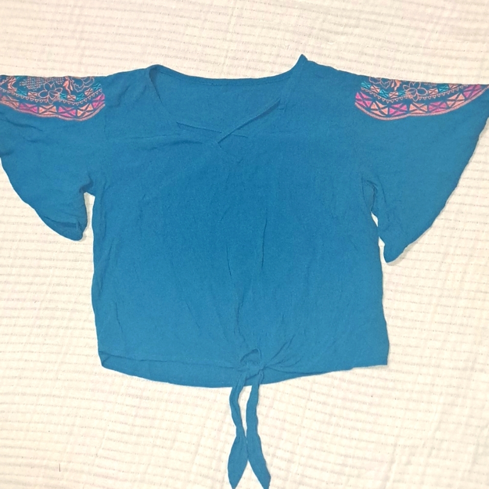 Dark Teal Boho blouse with embroidered flutter sleeves